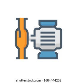 Centrifugal pump and steel pipe vector icon. Powered by electric motor. For transport fluid in industry, water supply infrastructure, waste water treatment, water cooling, plumbing and irrigation etc.