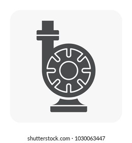 Centrifugal pump vector icon. Powered by electric motor or engine. For control or distribution fluid in industry, water supply infrastructure, wastewater treatment, cooling, plumbing and irrigation.
