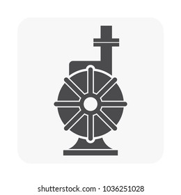 Centrifugal pump vector icon. Powered by electric motor. For control or distribution fluid in industrial, water supply infrastructure, wastewater treatment, water cooling, plumbing and irrigation etc.