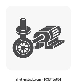 Centrifugal pump vector icon. Powered by electric motor. For control or distribution fluid in industrial, water supply infrastructure, wastewater treatment, water cooling, plumbing and irrigation etc.