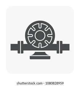 Centrifugal pump vector icon. Powered by electric motor or engine. For control or distribution fluid in industry, water supply infrastructure, wastewater treatment, cooling, plumbing and irrigation.