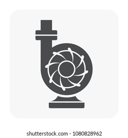 Centrifugal pump vector icon. Powered by electric motor or engine. For control or distribution fluid in industry, water supply infrastructure, wastewater treatment, cooling, plumbing and irrigation.