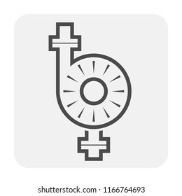 Centrifugal pump vector icon. Powered by electric motor or engine. For control or distribution fluid in industry, water supply infrastructure, wastewater treatment, cooling, plumbing and irrigation.