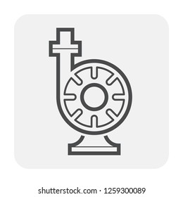 Centrifugal pump vector icon. Powered by electric motor or engine. For control or distribution fluid in industry, water supply infrastructure, wastewater treatment, cooling, plumbing and irrigation.
