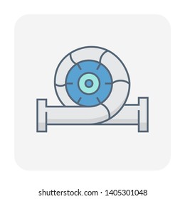Centrifugal pump vector icon. Powered by electric motor or engine. For control or distribution fluid in industry, water supply infrastructure, wastewater treatment, cooling, plumbing and irrigation.