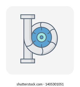 Centrifugal pump vector icon. Powered by electric motor or engine. For control or distribution fluid in industry, water supply infrastructure, wastewater treatment, cooling, plumbing and irrigation.