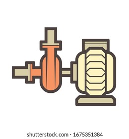 Centrifugal pump vector icon. Powered by electric motor. For control or distribution fluid in industry, water supply infrastructure, wastewater treatment, water cooling, plumbing and irrigation etc.