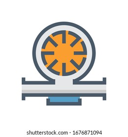Centrifugal pump vector icon. Powered by electric motor or engine. For control or distribution fluid in industry, water supply infrastructure, wastewater treatment, cooling, plumbing and irrigation.