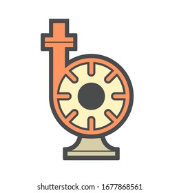 Centrifugal pump vector icon. Powered by electric motor or engine. For control or distribution fluid in industry, water supply infrastructure, wastewater treatment, cooling, plumbing and irrigation.