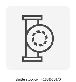 Centrifugal pump vector icon. Powered by electric motor or engine. For control or distribution fluid in industry, water supply infrastructure, wastewater treatment, cooling, plumbing and irrigation.