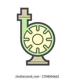Centrifugal pump vector icon. Powered by electric motor or engine. For control or distribution fluid in industry, water supply infrastructure, wastewater treatment, cooling, plumbing and irrigation.