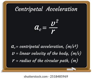 Fórmula de Aceleração Centripetal em um quadro negro. Educação. Ciência. Fórmula. Ilustração vetorial.