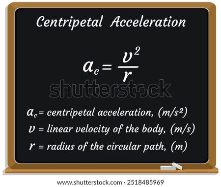Centripetal Acceleration Formula on a black chalkboard. Education. Science. Formula. Vector illustration.