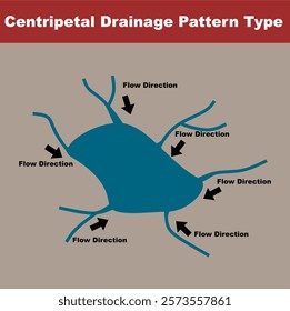 Centripetal Drainage Pattern Type. Landform and water flow geography education infographic vector illustration