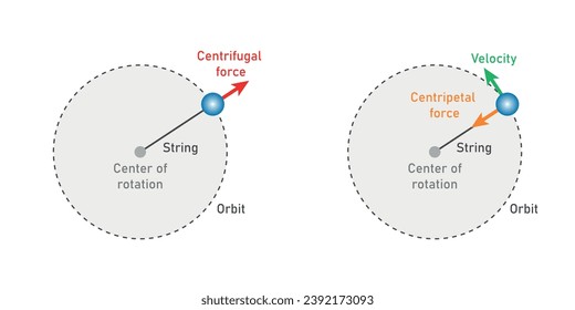 Diagrama de fuerza centrípeta y fuerza centrífuga. Recursos científicos para profesores y estudiantes. Ilustración vectorial aislada en fondo blanco.