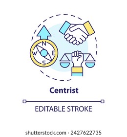 Zentristische Ideologie Multi-Farbe Konzept Ikone. Überparteiliches, pragmatisches Dogma. Neutrale politische Struktur. Reformkooperation. Darstellung der runden Formlinie. Abstrakte Idee. Grafikdesign. Benutzerfreundlich