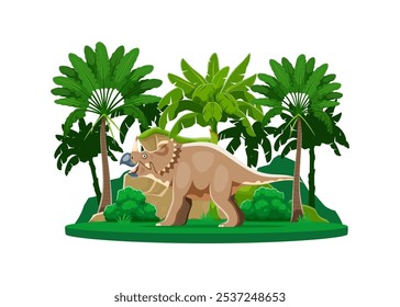 Centrosaurus prehistoric dinosaur character amidst a tropical landscape with palm trees. vegetation Isolated cartoon vector dino with distinctive horns and frill, standing in the ancient environment