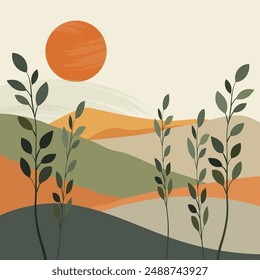 Century boho landscape sunrise in desert modern 80's 90's scandinavian vintage style. Vector illustration