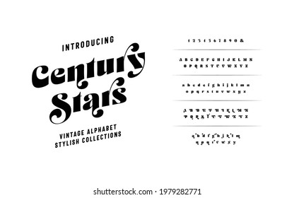 Century Stars: Classic Typography Minimal Fashion Designs. Typeface modern serif fonts and numbers. Elegant stylish alphabet letters font, ligatures, and number. 