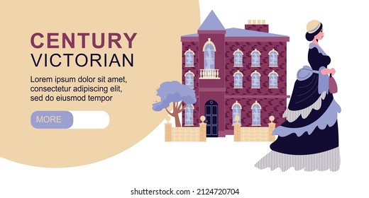 Century victorian horizontal banner with female character in frilly dress at historic building background flat vector illustration