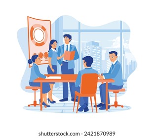 CEO and business team holding presentation in the meeting room. Business people in office workplace concept. Flat vector illustration.