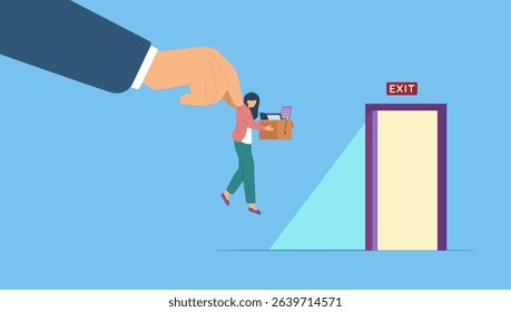 CEO or businessman's hand holding fired dismissed employee with things, unemployment crisis, jobless employee, job reduction. Downsizing and layoff, contract terminations, corporate restructuring.