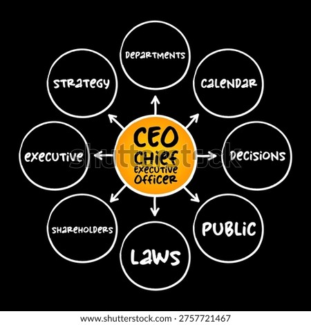 CEO Chief Executive Officer mind map showing corporate responsibilities like strategy, departments, calendar, decisions, public, laws, shareholders, and executive management functions