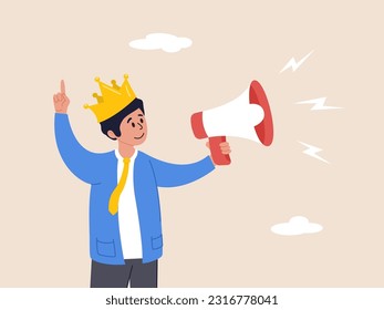 CEO concept. Big boss or company president, chief executive officer, employer, leadership or manager, bossy management, furious businessman boss shouting on megaphone while pointing direction.