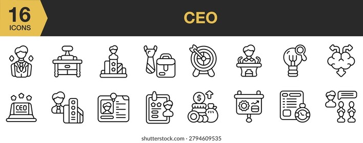 CEO icon set. Includes professional services, business activities, management concepts, operational tools, and more. Outline icons vector collection.