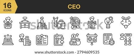 CEO icon set. Includes professional services, business activities, management concepts, operational tools, and more. Outline icons vector collection.