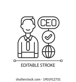 CEO linear icon. Chief executive officer. Highest-ranking person in company. Guiding employees. Thin line customizable illustration. Contour symbol. Vector isolated outline drawing. Editable stroke