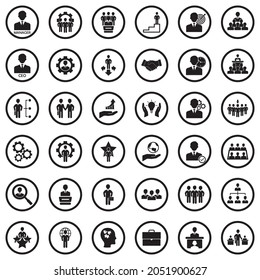 CEO And Manager Icons. Black Flat Design In Circle. Vector Illustration.