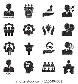 CEO And Manager Icons. Black Scribble Design. Vector Illustration.