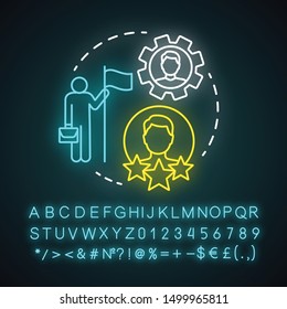 CEO neon light concept icon. Chief executive, boss, top manager idea. Leadership, career growth and personal achievement. Best employee. Glowing alphabet, numbers. Vector isolated illustration