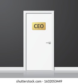 CEO office room door. White vector door with CEO golden sign on a black wall background. Realistic business illustration.