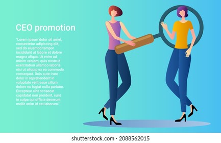 CEO promotion.Search engines and web development.People on the background of a large magnifying glass.Poster in business style.Flat vector illustration.