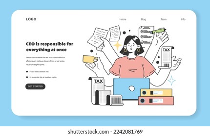 CEO is responsible for everything at once web banner or landing page. Concern about starting and developing a new start-up, small local business. Flat Vector Illustration