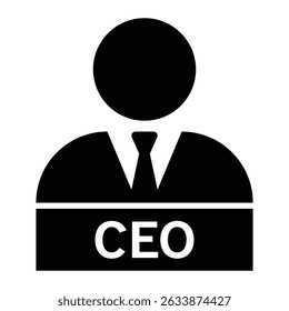 CEO vector icon. Business leader or executive figure symbolizing corporate management, leadership, or career success. Black silhouette isolated on white background.