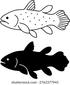 Ceolacanth vector icon, outline and silhouette, for animal or fish logo design, isolated on transparent background