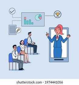 CEOs show employees the increase in operating results through video conferencing. flat illustration vector design