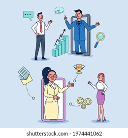 CEOs show employees the increase in operating results through video conferencing. flat illustration vector design