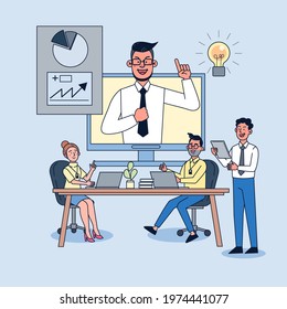 CEOs show employees the increase in operating results through video conferencing. flat illustration vector design