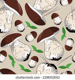 Cep hand drawn background. Mushrooms vector seamless pattern.