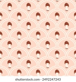 Cep scallop seamless pattern. Arch mushroom picking repeat background. Autumn forest white fungus classic endless design. Vector hand drawn illustration.