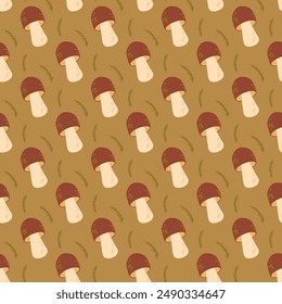 Cep seamless pattern. Edible mushrooms endless background. Vector hand drawn flat illustration.