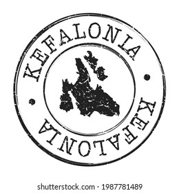 Cephalonia, Greece Map Silhouette Postal. Kefalonia Greek Island Passport Stamp Round Vector Icon. 