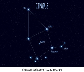 Cepheus constellation, vector illustration with the names of basic stars against the starry sky