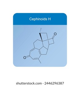 Cephinoids H skeletal structure diagram.Diterpenoid compound molecule scientific illustration on blue background.