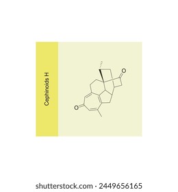 Cephinoids H skeletal structure diagram.Diterpenoid compound molecule scientific illustration on yellow background.