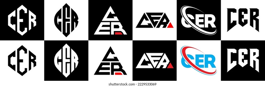 CER letter logo design in six style. CER polygon, circle, triangle, hexagon, flat and simple style with black and white color variation letter logo set in one artboard. CER minimalist and classic logo